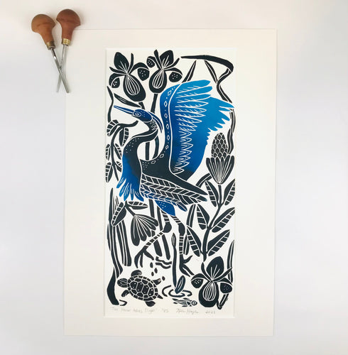 The Heron Takes Flight full color wetland block print. Hand pulled with 13x19 mat