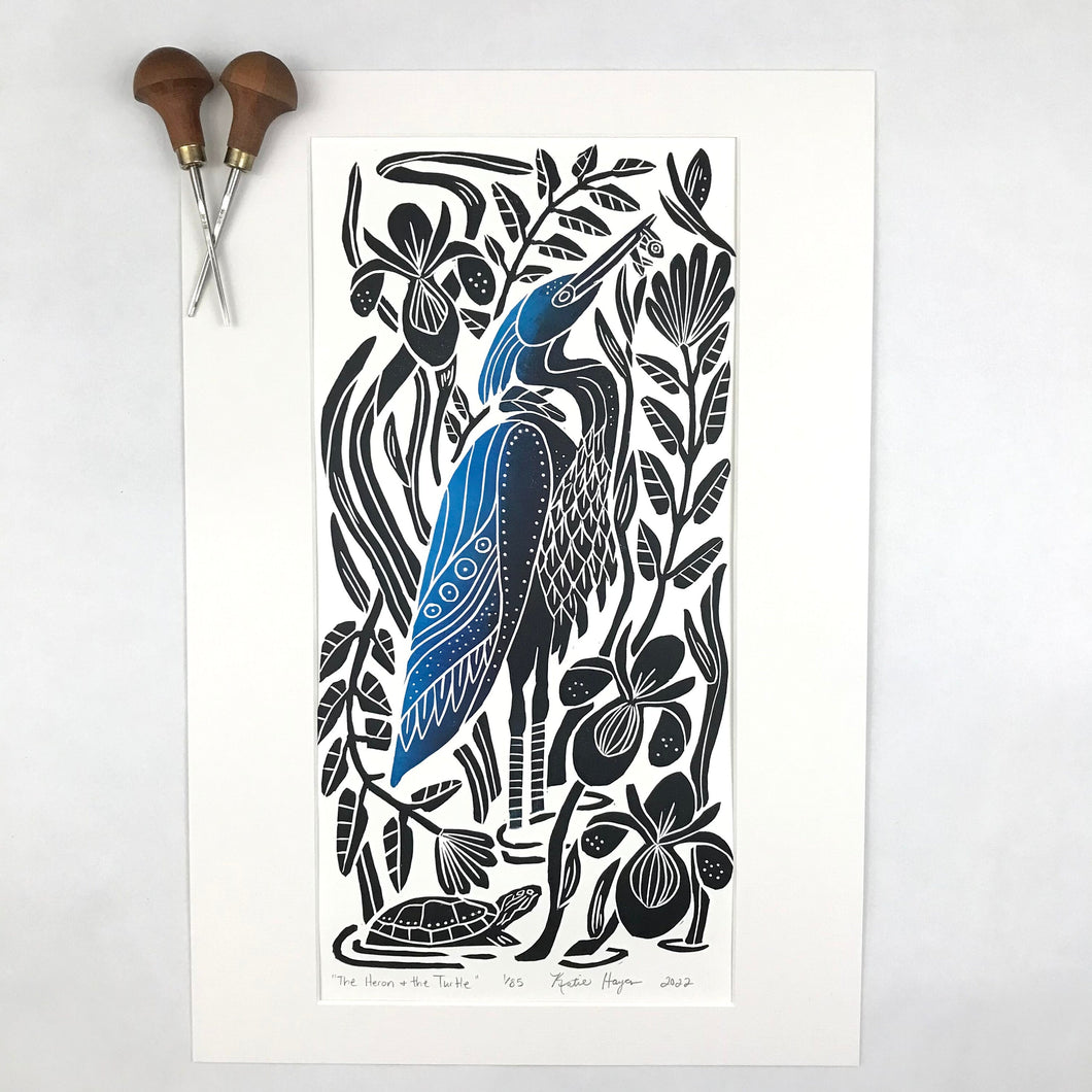 The Heron and The Turtle, full color wetland block print. Hand pulled with 13x19 mat