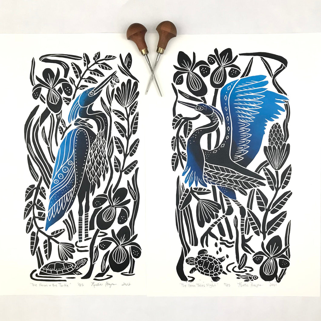 Set of 2 Full Color Herons- limited edition block prints. Hand pulled with 13 x19 matboard