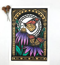 Load image into Gallery viewer, Monarch and Viceroy,  Full color Pollinator Block Print with 18x24 mat
