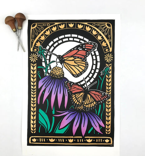 Monarch and Viceroy,  Full color Pollinator Block Print with 18x24 mat
