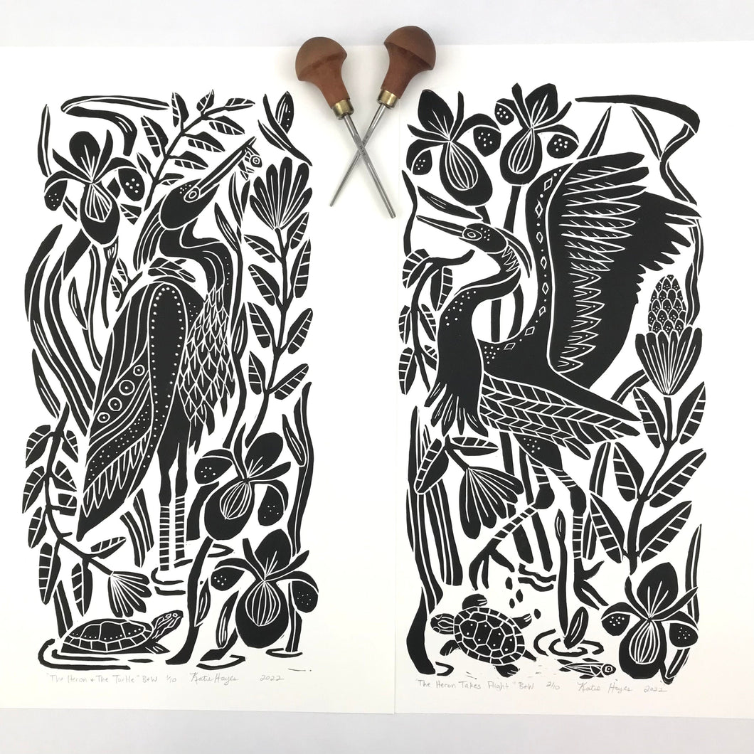 Set of 2 Herons- limited edition block prints. Black and White. Hand pulled with 13 x19 matboard