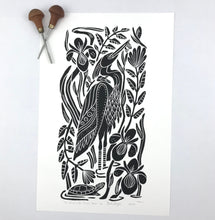 Load image into Gallery viewer, Set of 2 Herons- limited edition block prints. Black and White. Hand pulled with 13 x19 matboard
