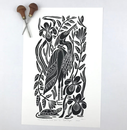 The Heron and The Turtle, Wetland block print. Black and White with 13x19 mat