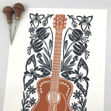 Load image into Gallery viewer, Wildwood Flower- Hand pulled Guitar block print in copper and navy with 13x19 mat
