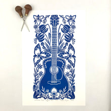Load image into Gallery viewer, Wildwood Flower- Hand pulled Guitar block print in blue with 13x19 mat
