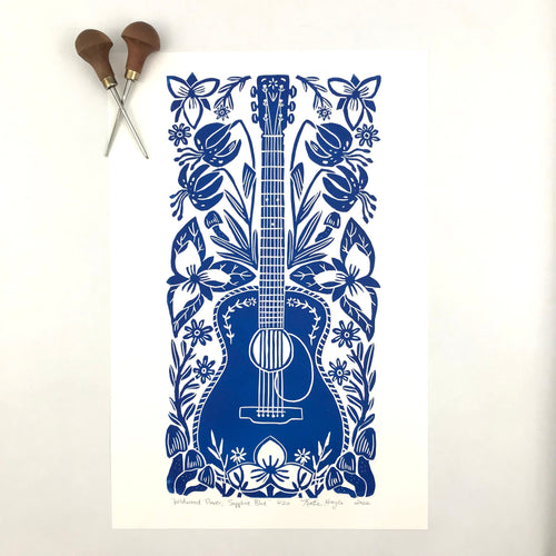 Wildwood Flower- Hand pulled Guitar block print in blue with 13x19 mat