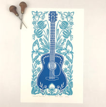 Load image into Gallery viewer, Wildwood Flower- Hand pulled Guitar block print in two toned blue with 13x19 mat
