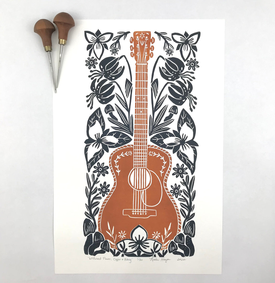 Wildwood Flower- Hand pulled Guitar block print in copper and navy with 13x19 mat