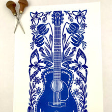 Load image into Gallery viewer, Wildwood Flower- Hand pulled Guitar block print in blue with 13x19 mat
