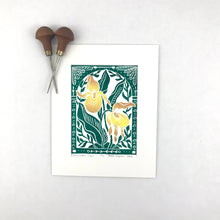 Load image into Gallery viewer, Yellow Lady’s Slipper, Mini Block Print, Limited Edition, Woodland wall art
