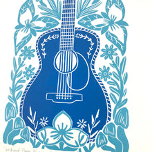 Load image into Gallery viewer, Wildwood Flower- Hand pulled Guitar block print in two toned blue with 13x19 mat

