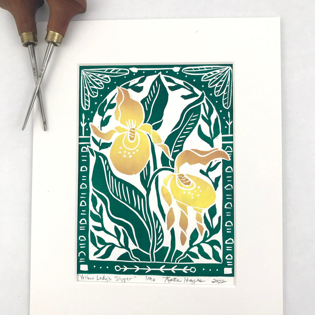 Yellow Lady’s Slipper, Mini Block Print, Limited Edition, Woodland wall art