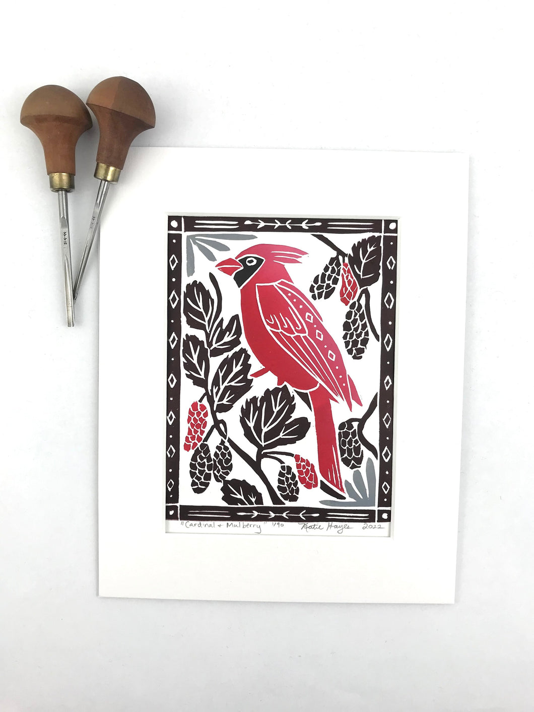 Cardinal and Mulberry, Mini Block Print, Woodland wall art