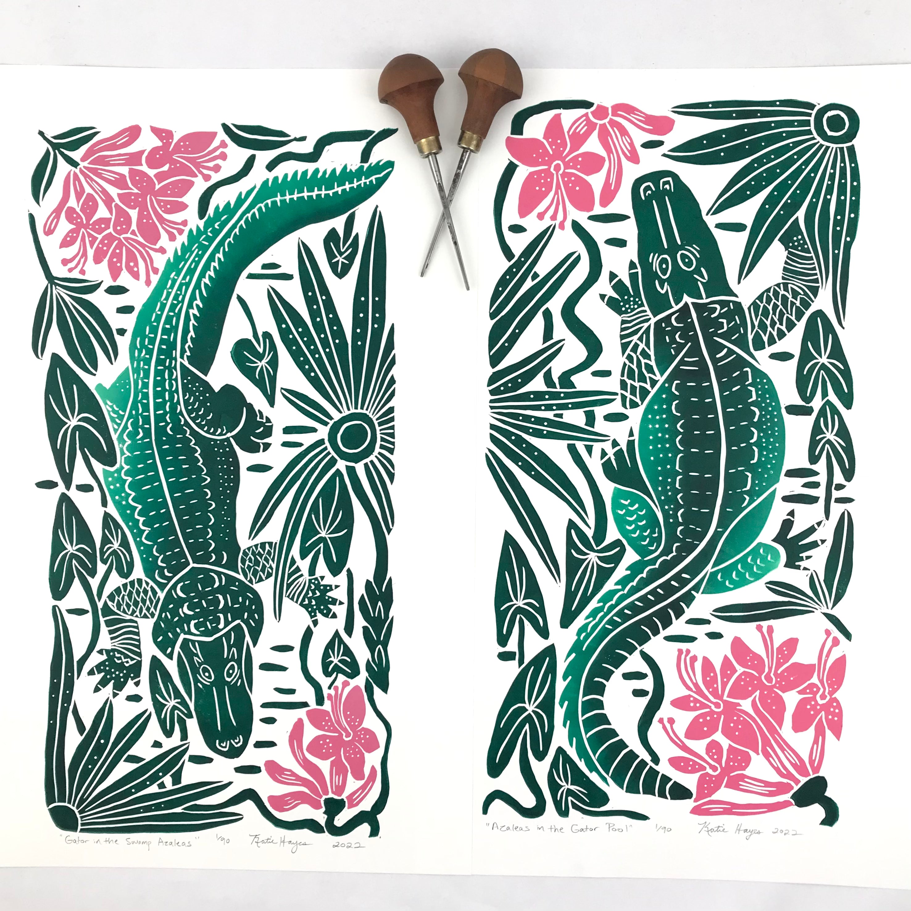‘Azaleas in the Gator Pool” full color wetland block print. Hand pulled with 13x19 mat