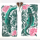 ‘Azaleas in the Gator Pool” full color wetland block print. Hand pulled with 13x19 mat