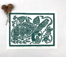 Load image into Gallery viewer, Box Turtle in the Violets, Green Edition, un-matted  9X12 Block Print
