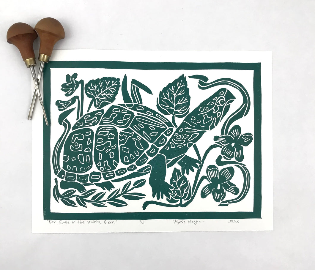 Box Turtle in the Violets, Green Edition, un-matted  9X12 Block Print