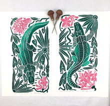 Load image into Gallery viewer, Set of 2 Full Color Alligators- limited edition block prints. Hand pulled with 13 x19 matboard
