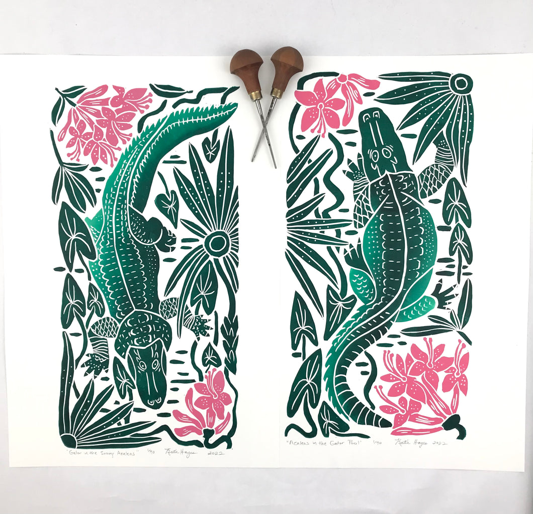 Set of 2 Full Color Alligators- limited edition block prints. Hand pulled with 13 x19 matboard