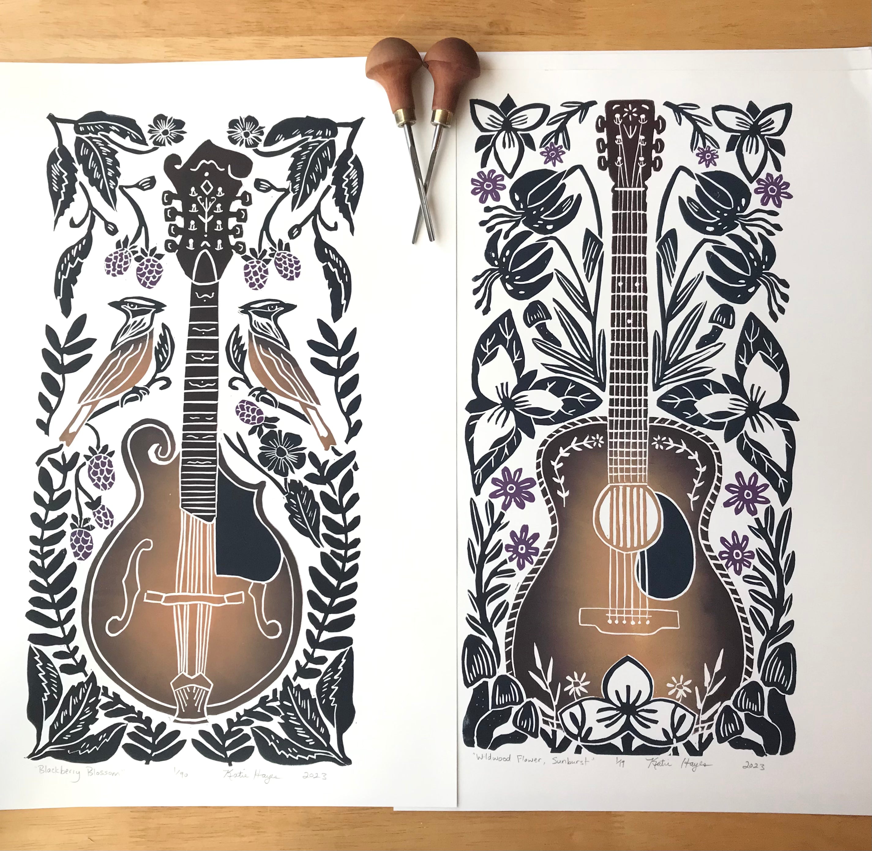 Blackberry Blossom, Sunburst edition, Mandolin Block Print, full color with 13x19 mat