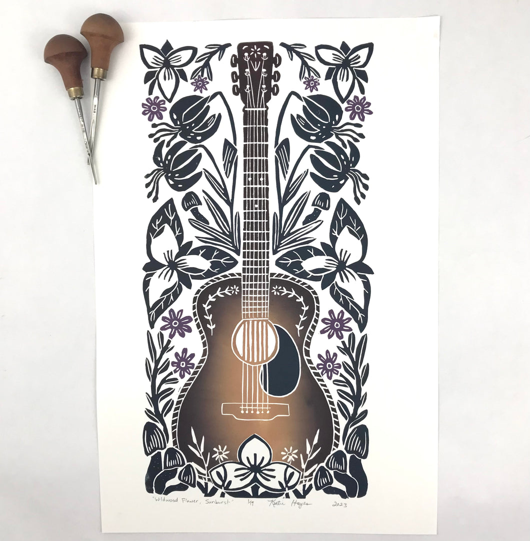 Wildwood Flower, Sunburst edition, Hand pulled Guitar, full color with 13x19 mat