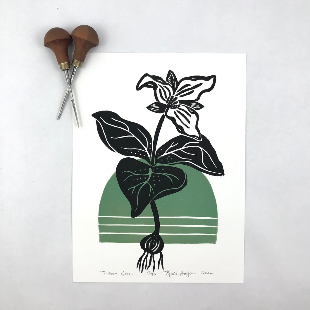 Trillium with green accent-Mid-century Botanical Limited Edition block print 9X12 paper, 12x16 mat