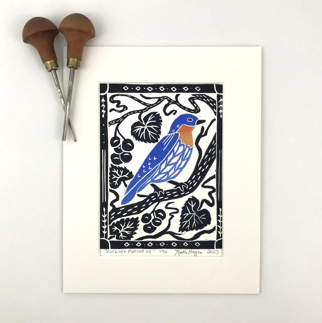 Bluebird and Muscadine, Mini Block Print, Woodland wall art