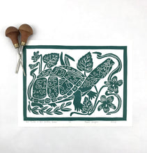 Load image into Gallery viewer, Box Turtle in the Violets, Green Edition, un-matted  9X12 Block Print
