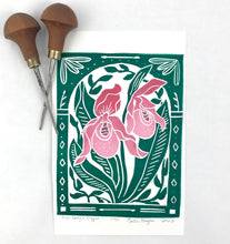 Load image into Gallery viewer, Pink Lady’s Slipper, Mini Block Print, Limited Edition, Woodland wall art

