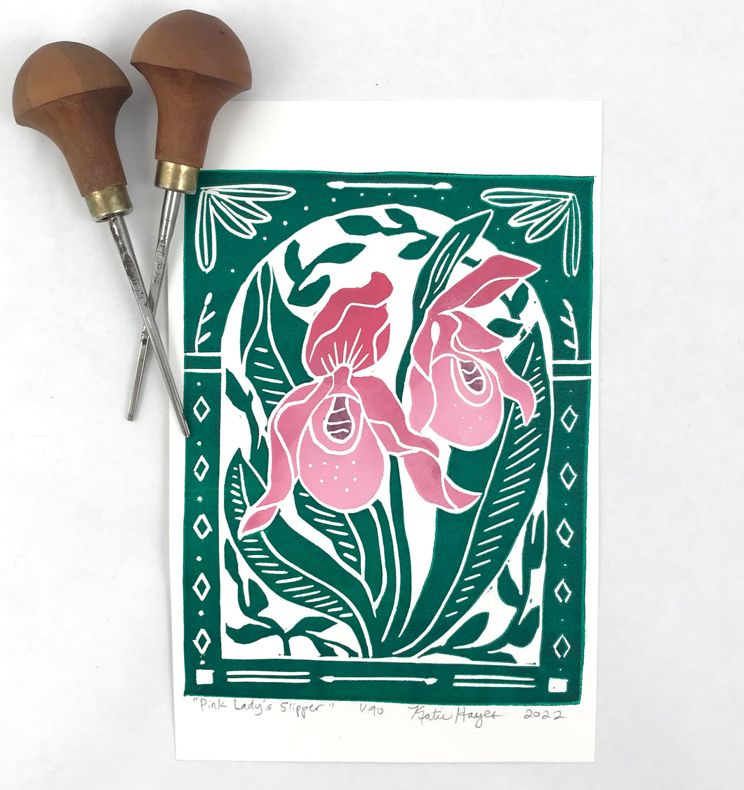 Pink Lady’s Slipper, Mini Block Print, Limited Edition, Woodland wall art