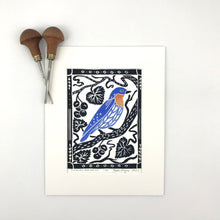 Load image into Gallery viewer, Bluebird and Muscadine, Mini Block Print, Woodland wall art
