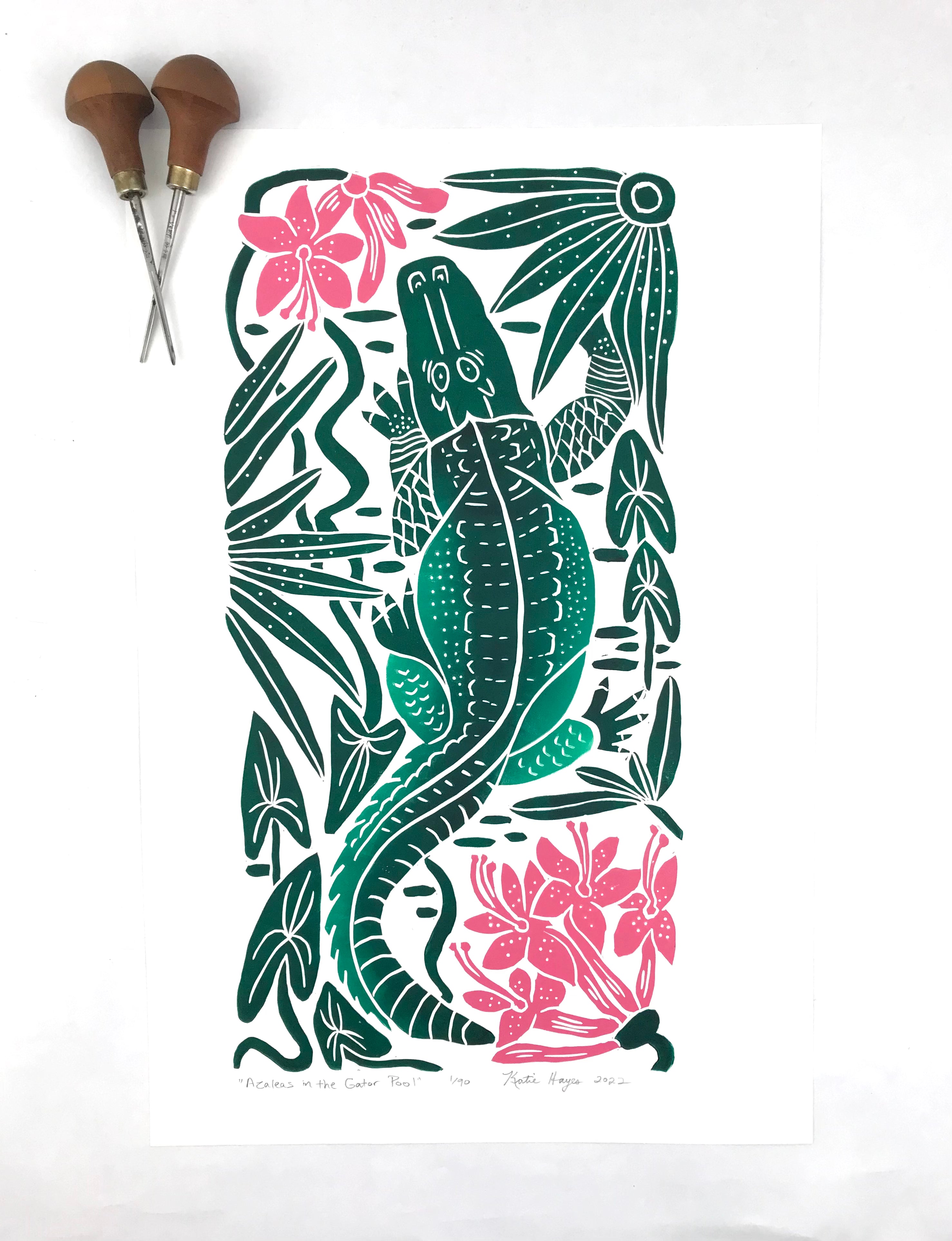 ‘Azaleas in the Gator Pool” full color wetland block print. Hand pulled with 13x19 mat