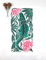 ‘Azaleas in the Gator Pool” full color wetland block print. Hand pulled with 13x19 mat