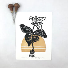 Load image into Gallery viewer, Trillium Bronze-Mid-century Botanical Limited Edition block print 9X12 paper, 12x16 mat
