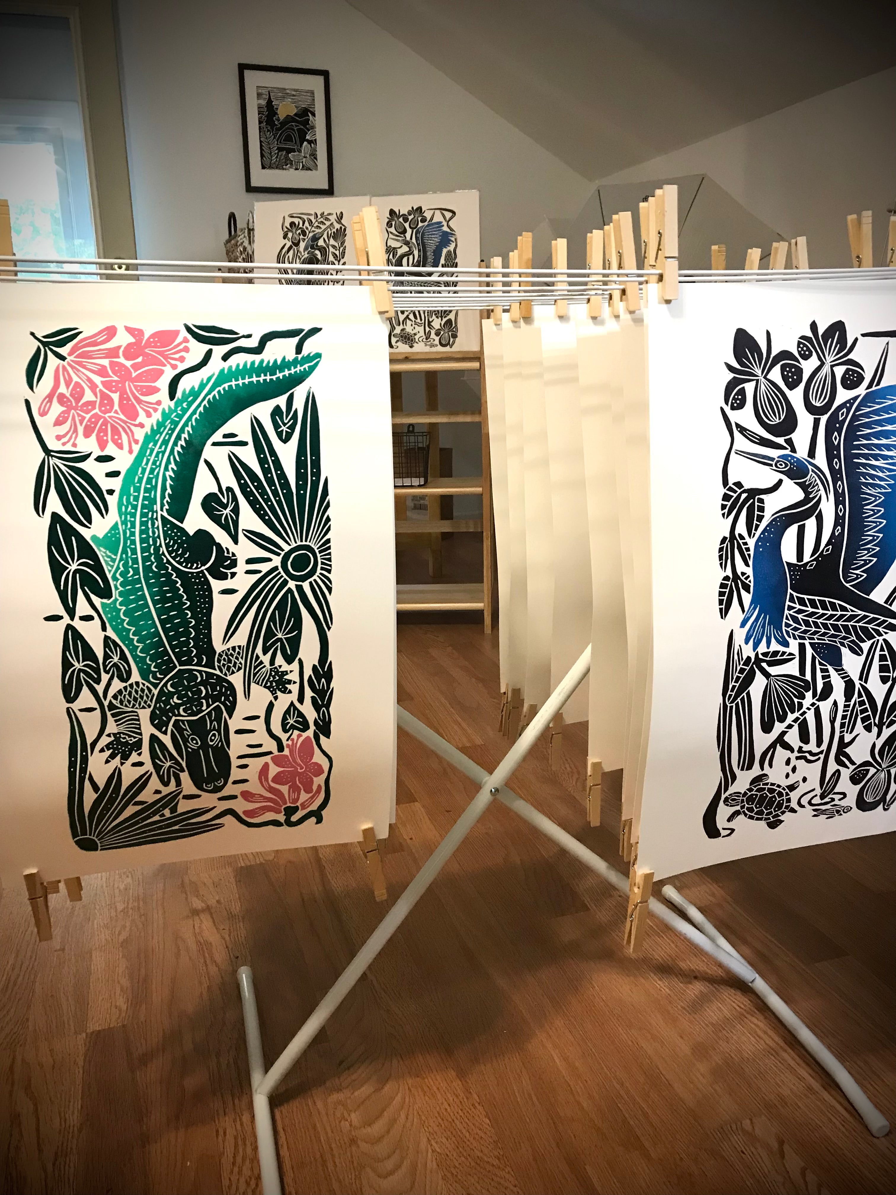 “Gator in the Swamp Azaleas” full color wetland block print. Hand pulled with 13x19 mat