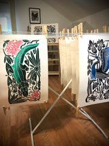 “Gator in the Swamp Azaleas” full color wetland block print. Hand pulled with 13x19 mat