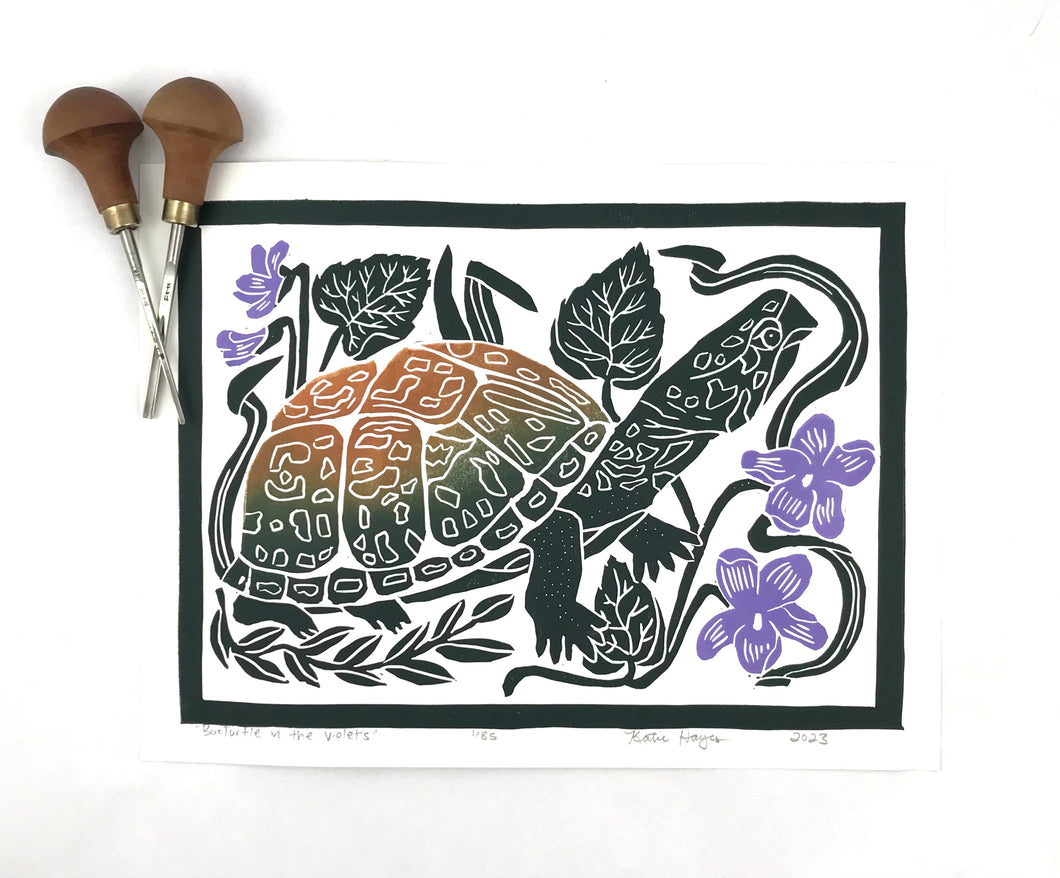 Box Turtle in the Violets, 12x16 Full Color Block Print