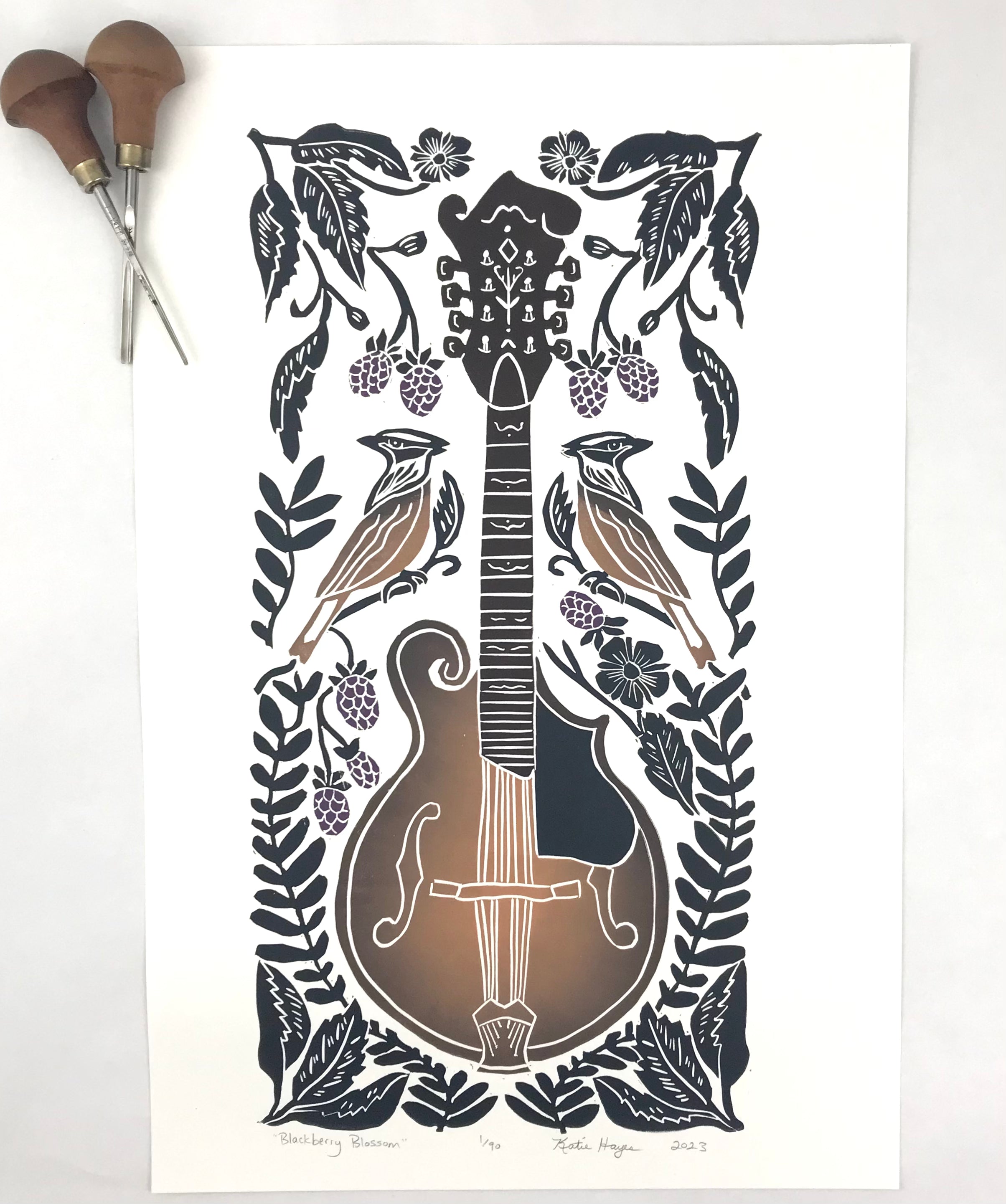 Blackberry Blossom, Sunburst edition, Mandolin Block Print, full color with 13x19 mat