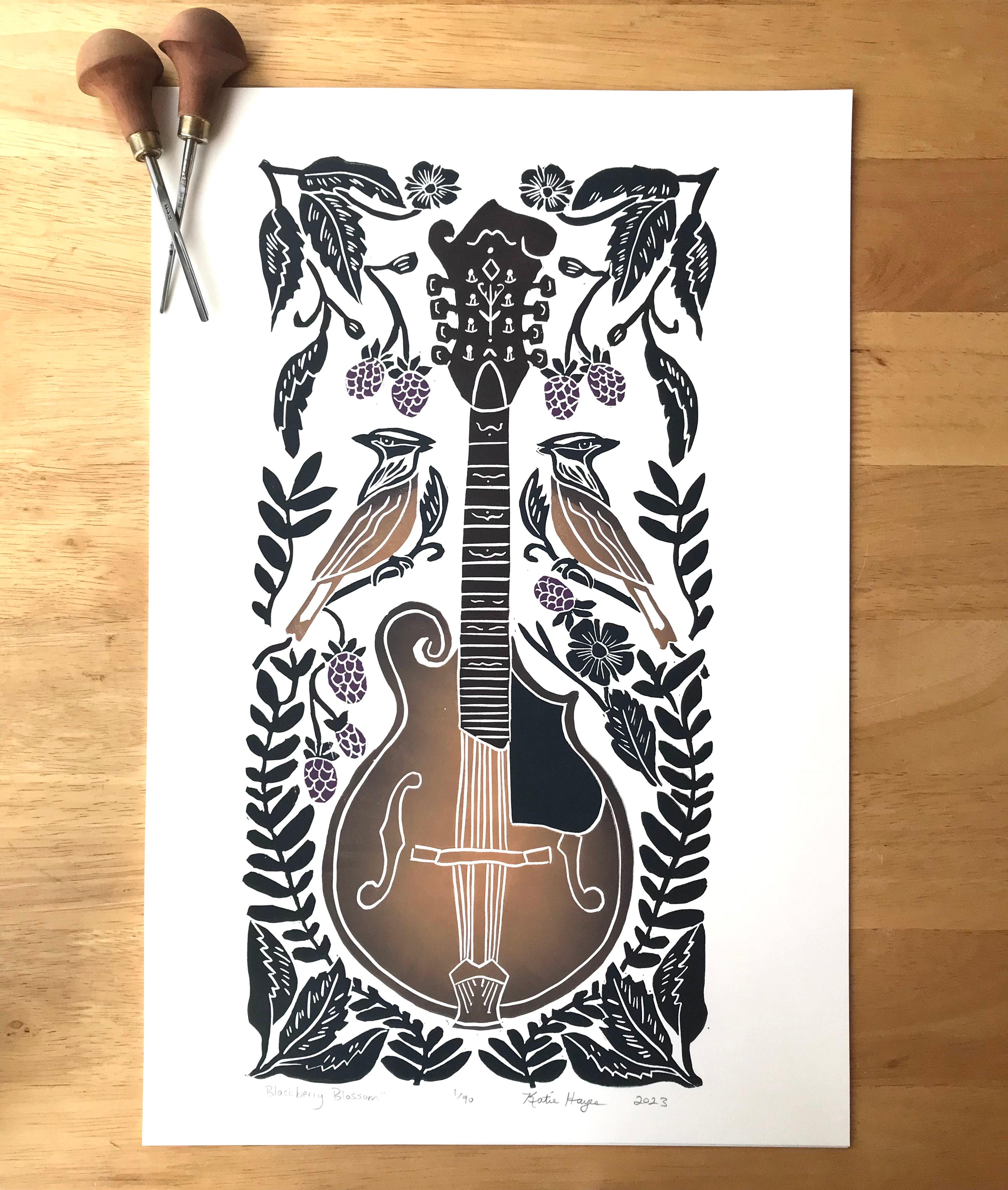Blackberry Blossom, Sunburst edition, Mandolin Block Print, full color with 13x19 mat
