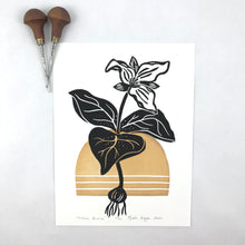 Load image into Gallery viewer, Trillium Bronze-Mid-century Botanical Limited Edition block print 9X12 paper, 12x16 mat
