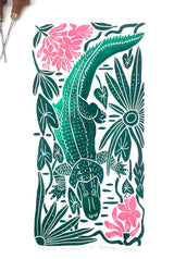 “Gator in the Swamp Azaleas” full color wetland block print. Hand pulled with 13x19 mat