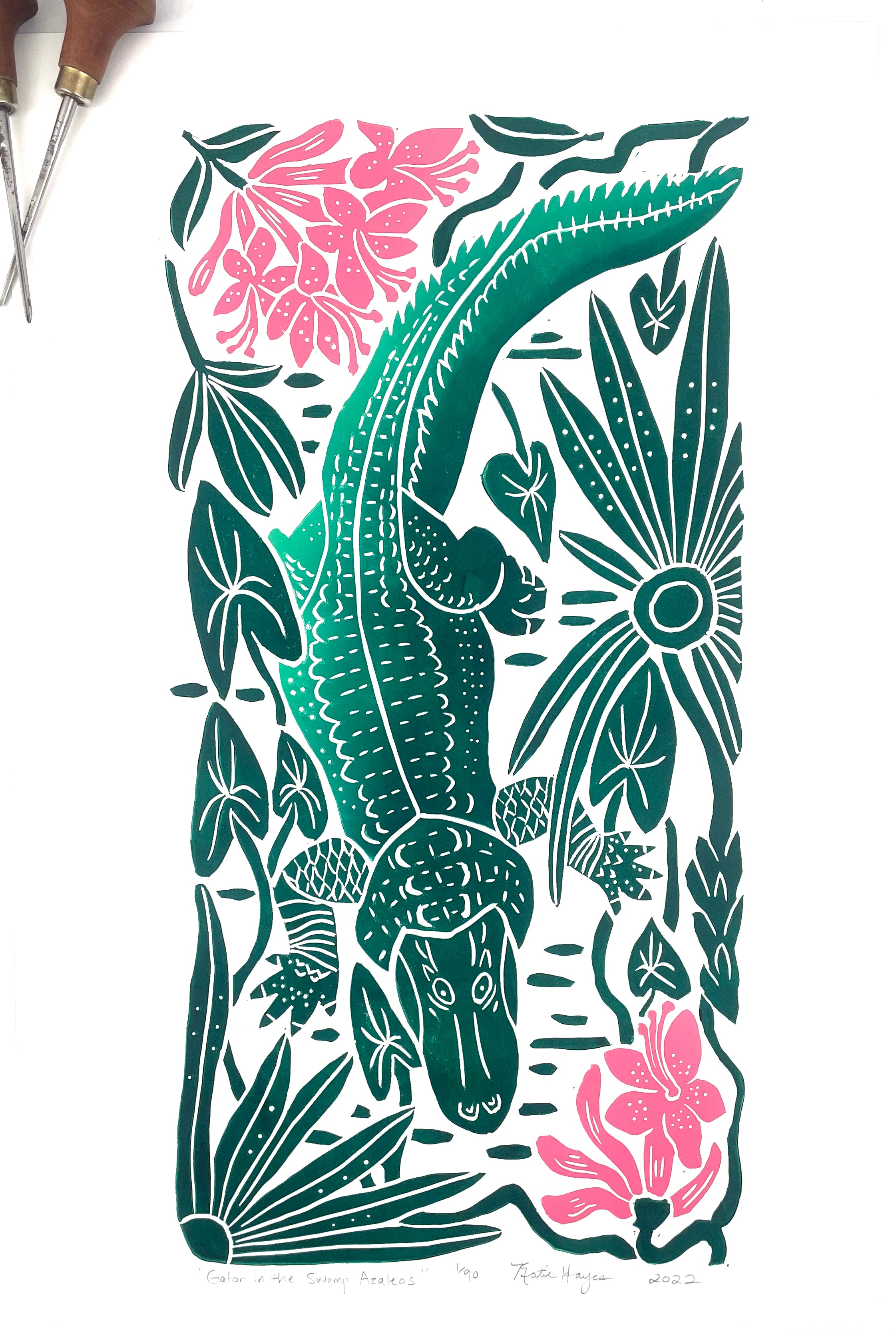 “Gator in the Swamp Azaleas” full color wetland block print. Hand pulled with 13x19 mat