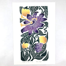 Load image into Gallery viewer, Maypop,Full color purple and yellow block print Hand pulled on 12x18 paper

