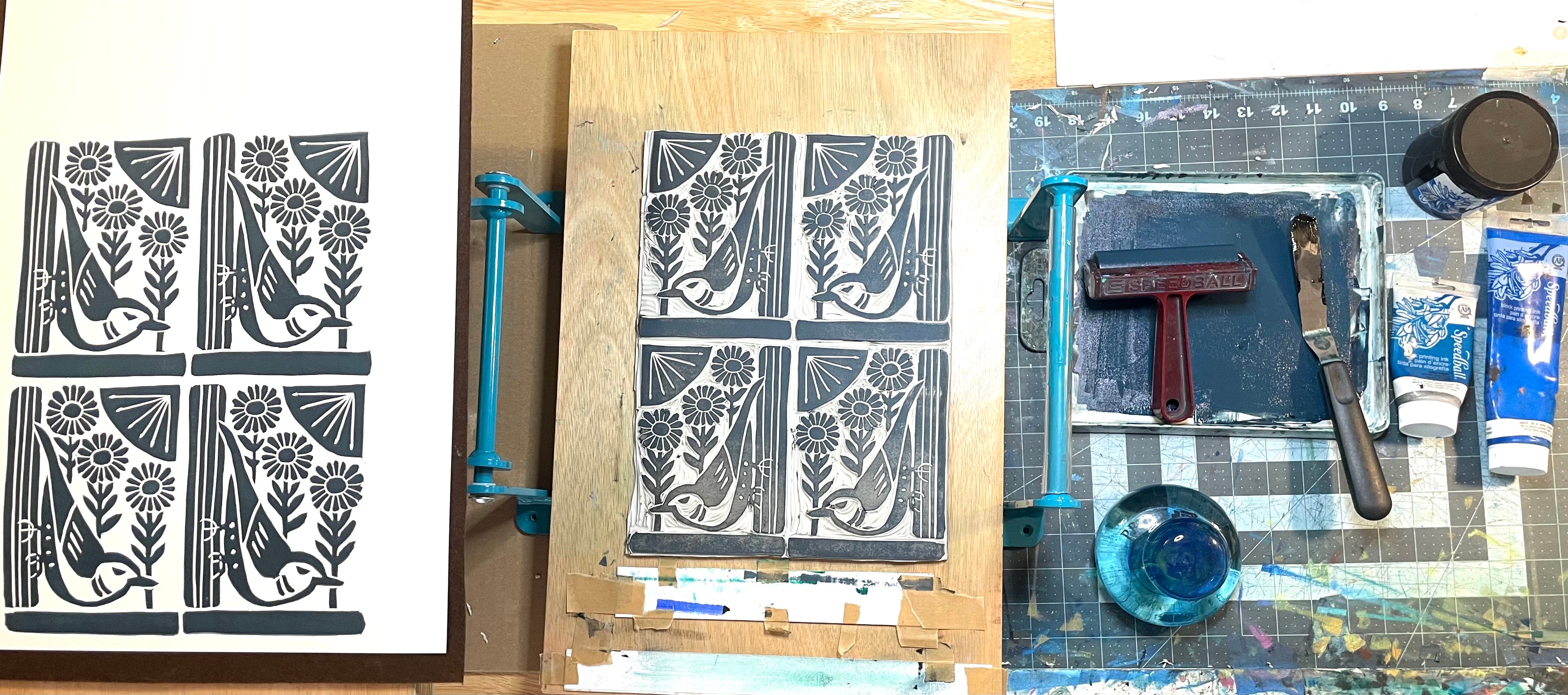 Nuthatch in Blue, block printed Greeting Card 5X7